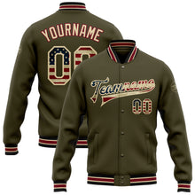 Load image into Gallery viewer, Custom Olive Vintage USA Flag City Cream-Black Bomber Full-Snap Varsity Letterman Salute To Service Jacket
