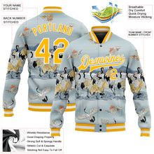 Laden Sie das Bild in den Galerie-Viewer, Custom Lakes Blue Gold-White Heron 3D Pattern Design Bomber Full-Snap Varsity Letterman Jacket
