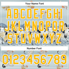 Laden Sie das Bild in den Galerie-Viewer, Custom Lakes Blue Gold-White Heron 3D Pattern Design Bomber Full-Snap Varsity Letterman Jacket
