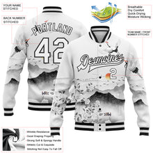 Laden Sie das Bild in den Galerie-Viewer, Custom White Black Heron And Flower 3D Pattern Design Bomber Full-Snap Varsity Letterman Jacket
