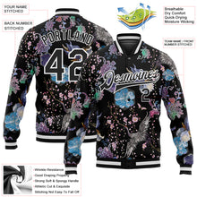 Laden Sie das Bild in den Galerie-Viewer, Custom Black White Heron And Flower 3D Pattern Design Bomber Full-Snap Varsity Letterman Jacket
