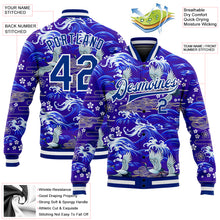 Load image into Gallery viewer, Custom Royal White Heron  And Wave 3D Pattern Design Bomber Full-Snap Varsity Letterman Jacket
