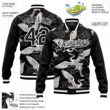 Laden Sie das Bild in den Galerie-Viewer, Custom Black White Heron And Cloud 3D Pattern Design Bomber Full-Snap Varsity Letterman Jacket

