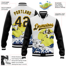 Laden Sie das Bild in den Galerie-Viewer, Custom White Black-Gold Heron And Wave 3D Pattern Design Bomber Full-Snap Varsity Letterman Jacket

