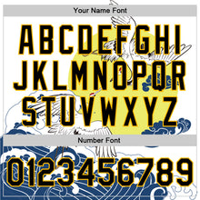 Laden Sie das Bild in den Galerie-Viewer, Custom White Black-Gold Heron And Wave 3D Pattern Design Bomber Full-Snap Varsity Letterman Jacket
