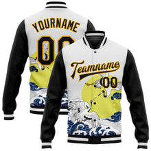 Laden Sie das Bild in den Galerie-Viewer, Custom White Black-Gold Heron And Wave 3D Pattern Design Bomber Full-Snap Varsity Letterman Jacket
