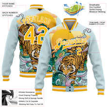 Laden Sie das Bild in den Galerie-Viewer, Custom Lakes Blue Gold-White Tiger 3D Pattern Design Bomber Full-Snap Varsity Letterman Jacket

