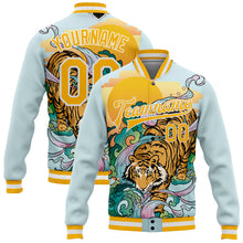 Laden Sie das Bild in den Galerie-Viewer, Custom Lakes Blue Gold-White Tiger 3D Pattern Design Bomber Full-Snap Varsity Letterman Jacket
