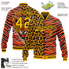 Laden Sie das Bild in den Galerie-Viewer, Custom Orange Gold-Black Tiger And Leopard Print 3D Pattern Design Bomber Full-Snap Varsity Letterman Jacket
