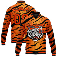 Laden Sie das Bild in den Galerie-Viewer, Custom Orange Black Tiger 3D Pattern Design Bomber Full-Snap Varsity Letterman Jacket
