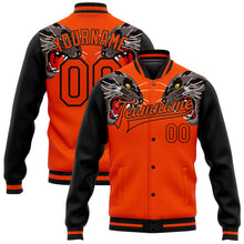 Laden Sie das Bild in den Galerie-Viewer, Custom Orange Black Leopard 3D Pattern Design Bomber Full-Snap Varsity Letterman Jacket
