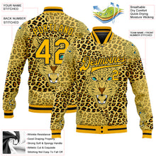 Laden Sie das Bild in den Galerie-Viewer, Custom Gold Black Leopard 3D Pattern Design Bomber Full-Snap Varsity Letterman Jacket

