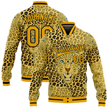 Laden Sie das Bild in den Galerie-Viewer, Custom Gold Black Leopard 3D Pattern Design Bomber Full-Snap Varsity Letterman Jacket
