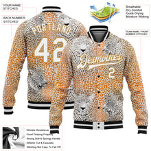 Laden Sie das Bild in den Galerie-Viewer, Custom Old Gold White-Black Leopard 3D Pattern Design Bomber Full-Snap Varsity Letterman Jacket
