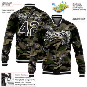 Custom Camo Black-White Eagle 3D Pattern Design Bomber Full-Snap Varsity Letterman Salute To Service Jacket