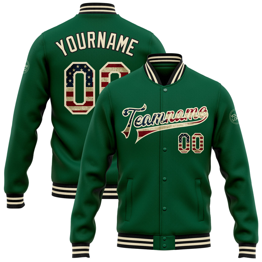 Custom Kelly Green Vintage USA Flag City Cream-Black Bomber Full-Snap Varsity Letterman Jacket