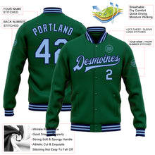 Laden Sie das Bild in den Galerie-Viewer, Custom Kelly Green Light Blue-Navy Bomber Full-Snap Varsity Letterman Jacket
