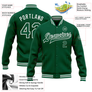 Custom Kelly Green White Bomber Full-Snap Varsity Letterman Jacket