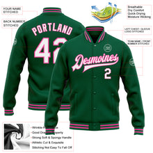 Laden Sie das Bild in den Galerie-Viewer, Custom Kelly Green White-Pink Bomber Full-Snap Varsity Letterman Jacket
