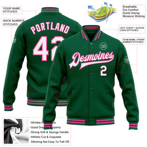 Custom Kelly Green White-Pink Bomber Full-Snap Varsity Letterman Jacket