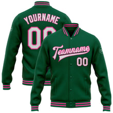 Laden Sie das Bild in den Galerie-Viewer, Custom Kelly Green White-Pink Bomber Full-Snap Varsity Letterman Jacket
