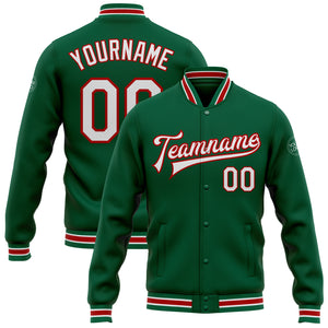 Custom Kelly Green White-Red Bomber Full-Snap Varsity Letterman Jacket