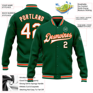 Custom Kelly Green White-Orange Bomber Full-Snap Varsity Letterman Jacket