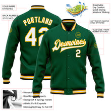 Laden Sie das Bild in den Galerie-Viewer, Custom Kelly Green White-Gold Bomber Full-Snap Varsity Letterman Jacket
