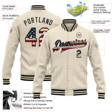 Laden Sie das Bild in den Galerie-Viewer, Custom Cream Vintage USA Flag-Black Bomber Full-Snap Varsity Letterman Jacket
