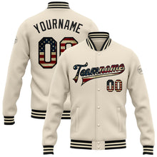 Laden Sie das Bild in den Galerie-Viewer, Custom Cream Vintage USA Flag-Black Bomber Full-Snap Varsity Letterman Jacket
