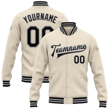 Custom Cream Black-Gray Bomber Full-Snap Varsity Letterman Jacket