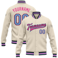 Load image into Gallery viewer, Custom Cream Light Blue Black-Pink Bomber Full-Snap Varsity Letterman Jacket
