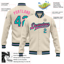 Laden Sie das Bild in den Galerie-Viewer, Custom Cream Aqua Black-Pink Bomber Full-Snap Varsity Letterman Jacket
