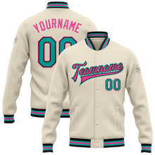 Laden Sie das Bild in den Galerie-Viewer, Custom Cream Aqua Black-Pink Bomber Full-Snap Varsity Letterman Jacket
