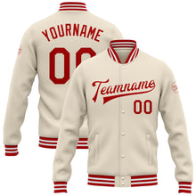 Laden Sie das Bild in den Galerie-Viewer, Custom Cream Red-White Bomber Full-Snap Varsity Letterman Jacket
