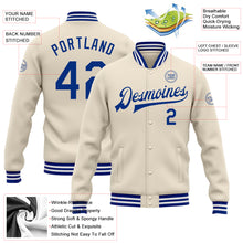 Laden Sie das Bild in den Galerie-Viewer, Custom Cream Royal-White Bomber Full-Snap Varsity Letterman Jacket
