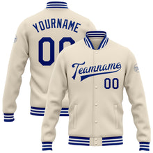 Laden Sie das Bild in den Galerie-Viewer, Custom Cream Royal-White Bomber Full-Snap Varsity Letterman Jacket
