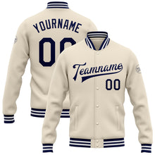 Load image into Gallery viewer, Custom Cream Navy-White Bomber Full-Snap Varsity Letterman Jacket
