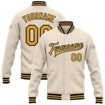 Custom Cream Gold-Navy Bomber Full-Snap Varsity Letterman Jacket