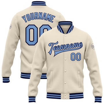 Custom Cream Light Blue-Navy Bomber Full-Snap Varsity Letterman Jacket