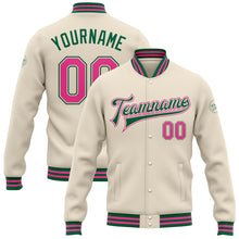 Laden Sie das Bild in den Galerie-Viewer, Custom Cream Pink-Kelly Green Bomber Full-Snap Varsity Letterman Jacket
