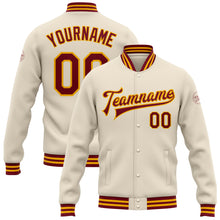 Charger l&#39;image dans la galerie, Custom Cream Crimson-Gold Bomber Full-Snap Varsity Letterman Jacket
