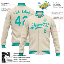 Laden Sie das Bild in den Galerie-Viewer, Custom Cream Aqua-White Bomber Full-Snap Varsity Letterman Jacket
