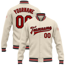 Laden Sie das Bild in den Galerie-Viewer, Custom Cream Red-Black Bomber Full-Snap Varsity Letterman Jacket
