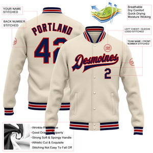 Custom Cream Navy-Red Bomber Full-Snap Varsity Letterman Jacket