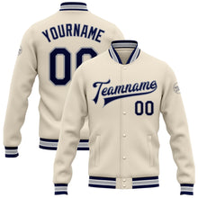 Load image into Gallery viewer, Custom Cream Navy-Gray Bomber Full-Snap Varsity Letterman Jacket
