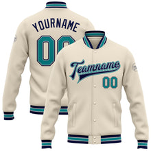 Load image into Gallery viewer, Custom Cream Teal Gray-Navy Bomber Full-Snap Varsity Letterman Jacket

