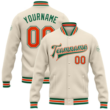 Custom Cream Orange-Kelly Green Bomber Full-Snap Varsity Letterman Jacket