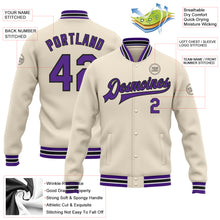 Load image into Gallery viewer, Custom Cream Purple-Black Bomber Full-Snap Varsity Letterman Jacket
