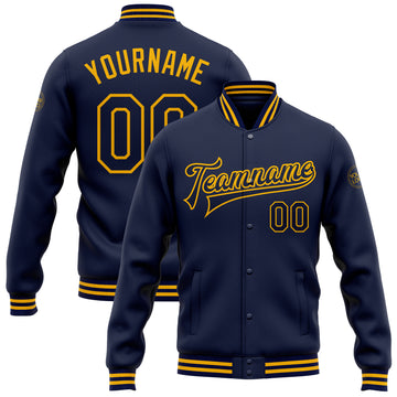 Custom Navy Gold Bomber Full-Snap Varsity Letterman Jacket